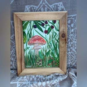 Hand Painted Framed Mushroom Art with Greenery